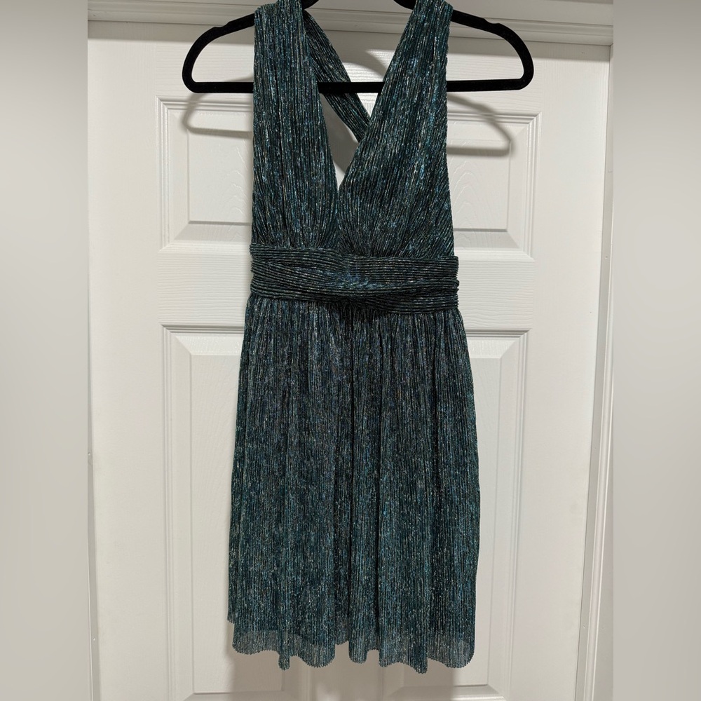 Lulu's Teal Metallic Pleated V-Neck Mini Dress